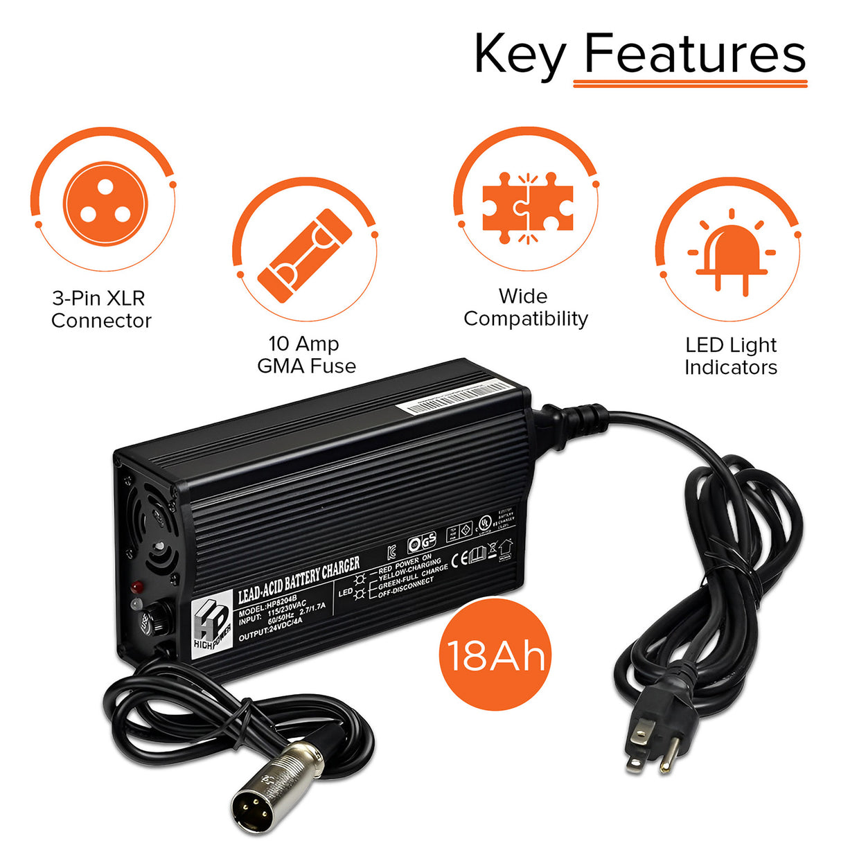 24 Volt 4.0 Amp XLR HP8204B Battery Charger by High Power, featuring text and icons, XLR style connector, black cable, and LED charge indicators for power, charging, and full charge status.