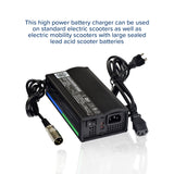 24 Volt 4.0 Amp XLR HP8204B Battery Charger with wires, close-up on the charging port and LED indicators. Ideal for electric scooters and power wheelchairs, quick-charging with safety features.