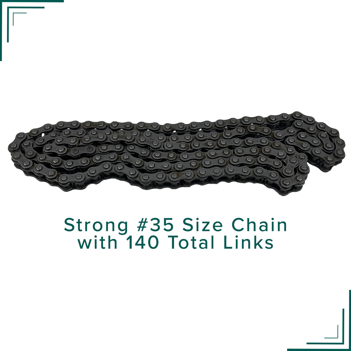 Close-up of a #35 size motorcycle chain with 140 links for the Baja Doodle Bug (Blitz, Dirt Bug, Racer) mini bike.