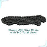 Close-up of a #35 size motorcycle chain with 140 links for the Baja Doodle Bug (Blitz, Dirt Bug, Racer) mini bike.