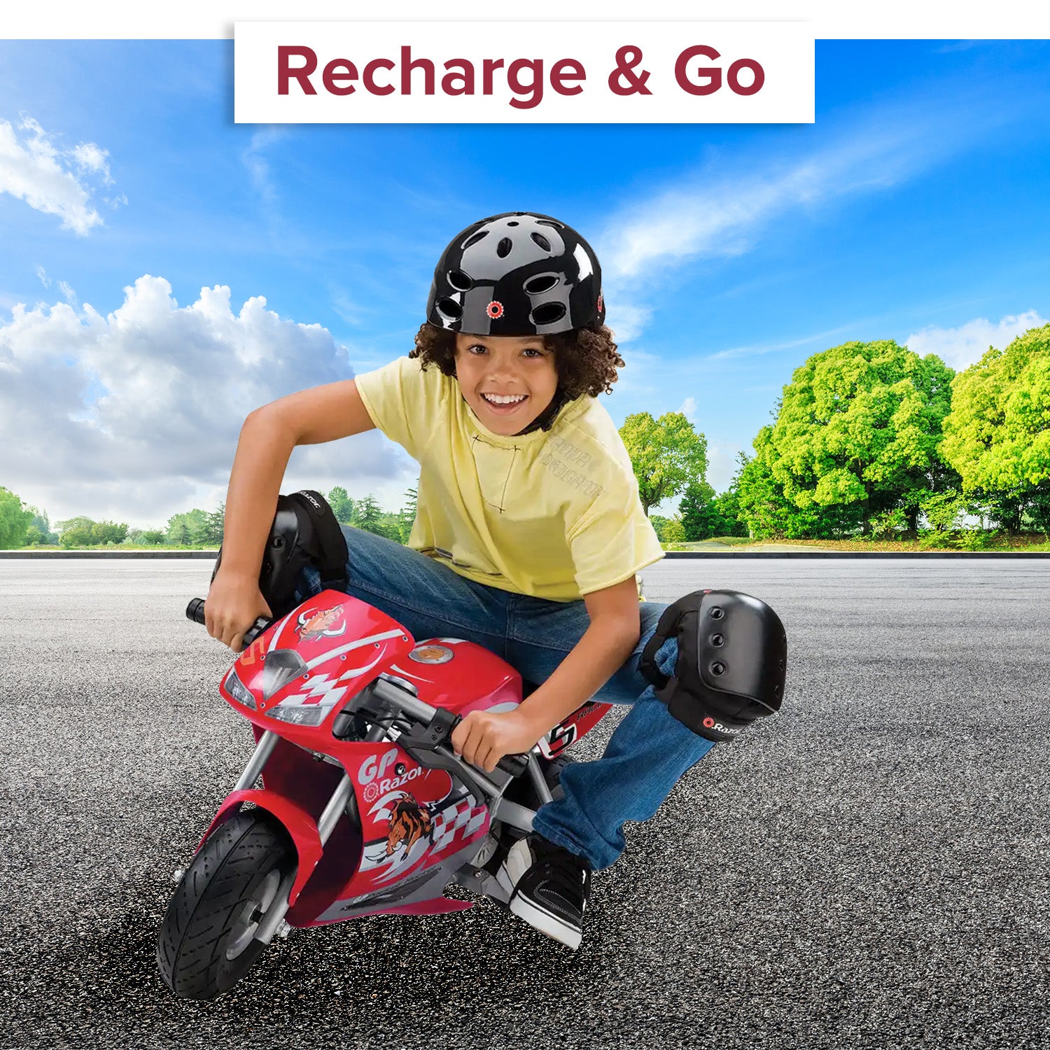 Child riding a small red Razor Pocket Rocket motorcycle, wearing a black helmet. Product advertised is a 24 Volt Battery Pack for the Razor Pocket Rocket.