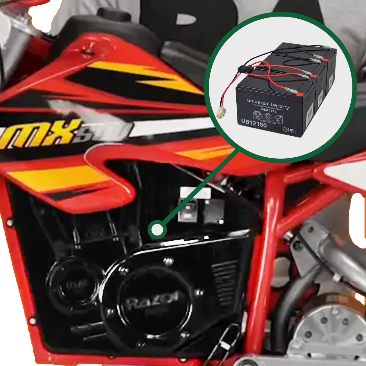 36 Volt Battery Pack for the Razor MX500, featuring three black batteries with red and black wires connected to a wiring harness, showcased in close-up against a plain background.