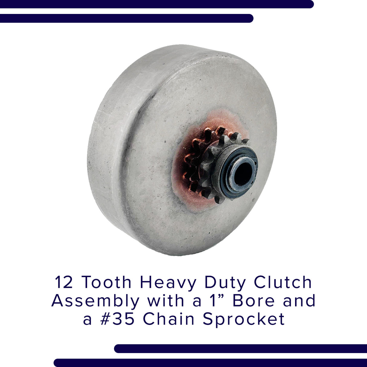 12 Tooth Heavy Duty Clutch Assembly with 1 Bore & #35 Chain Sprocket for Go-Karts & Mini Bikes, featuring a robust grey metal body with a black sprocket and visible gear teeth.