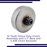 12 Tooth Heavy Duty Clutch Assembly with 1 Bore & #35 Chain Sprocket for Go-Karts & Mini Bikes, featuring a robust grey metal body with a black sprocket and visible gear teeth.