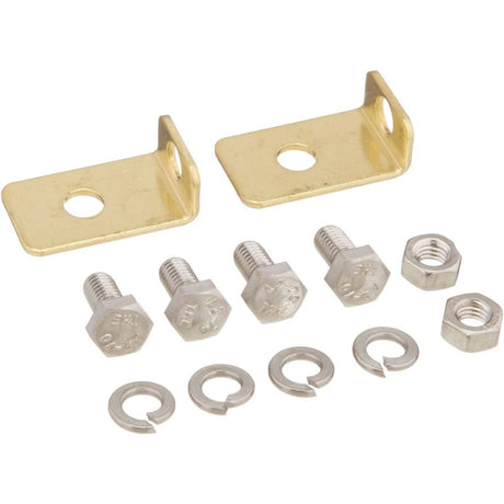 L Terminal Adapter Kit for Batteries (Screw Terminal to Post Terminal) showing brass-colored L-shaped brackets, bolts, nuts, and washers.