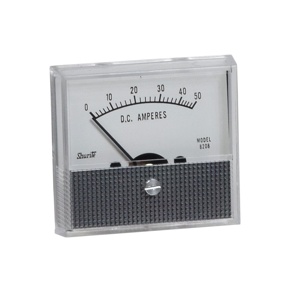 DC Ammeter with Range up to 50 Amps (Missing Hardware) in a close-up view showcasing the analog meter's face, black text, and gauge needle. Square polystyrene case visible.