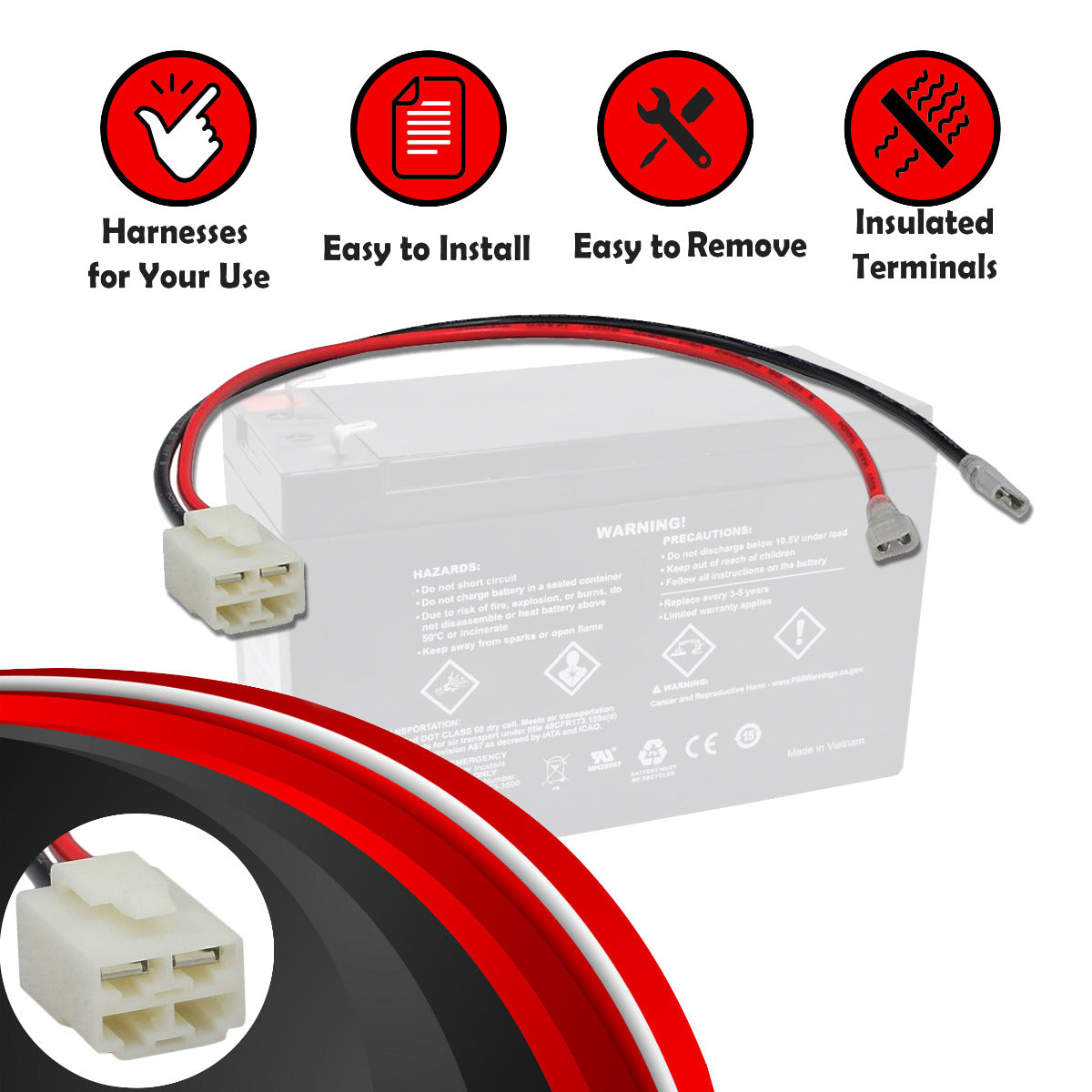 Close-up of a 4-Pin, 2-Wire Battery Wiring Harness for Razor Scooters, showing the connecting pins and wires essential for linking two 12-volt batteries in series.