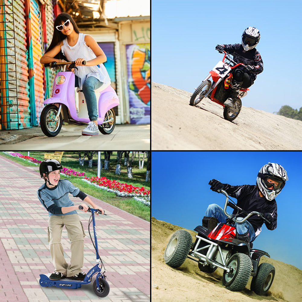 4-Pin, 2-Wire Battery Wiring Harness for Razor Scooters, shown in a collage with people riding various scooters. The harness features four pins and two wires for connecting scooter batteries.