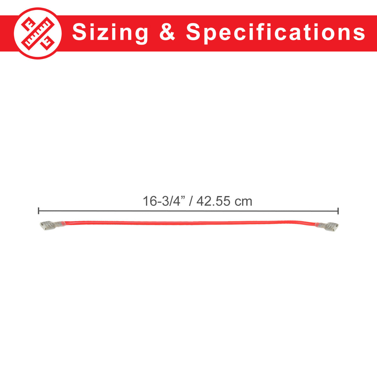 Red Battery Jumper Wire, 14 AWG, measuring 40 cm with 1/4 insulated terminals, displayed coiled with measurement indications and a branded logo in the background.