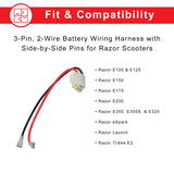 3-Pin, 2-Wire Battery Wiring Harness with Side-by-Side Pins for Razor Scooters, showing a white plastic connector with red and black wires attached to two adjacent pins, with the top pin empty.