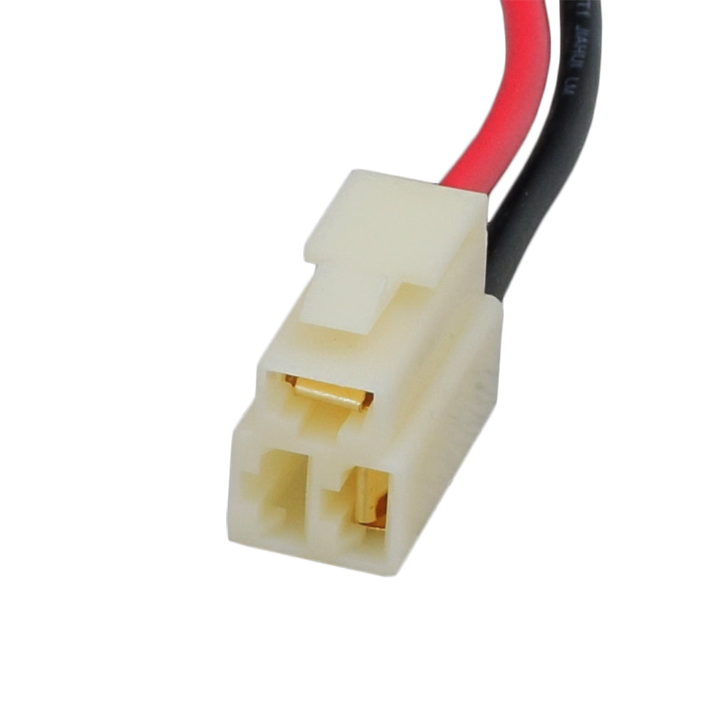 3 Pin, 2-Wire Battery Wiring Harness with Upper and Lower Pins for Razor Scooters; close-up highlights white connector with side-by-side pins and black and red cables for accurate comparison.