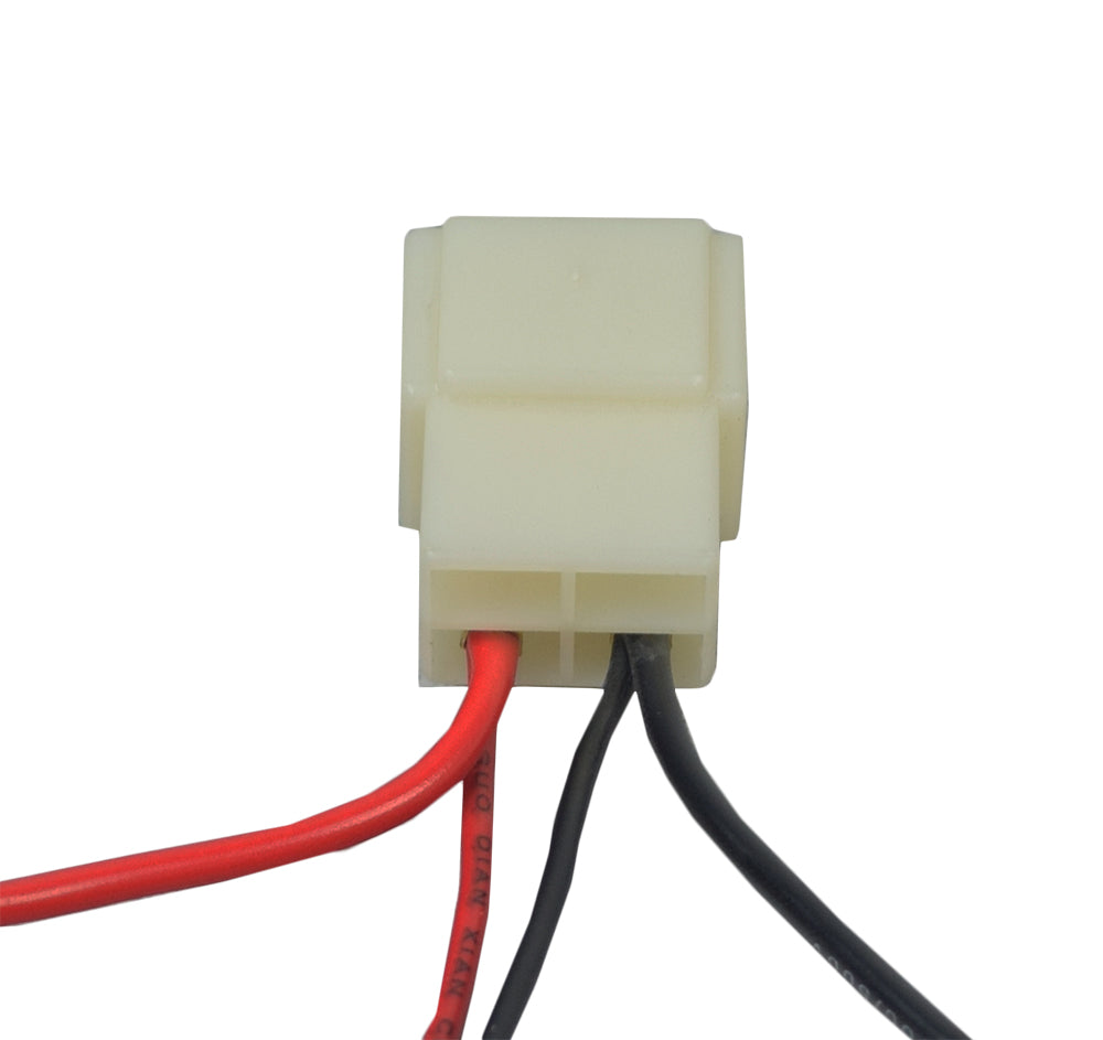 Wiring Harness Adapter for the Razor E100 Versions 1-7, featuring a white square connector with attached black and red wires. Ideal replacement part for ensuring proper electrical connections.