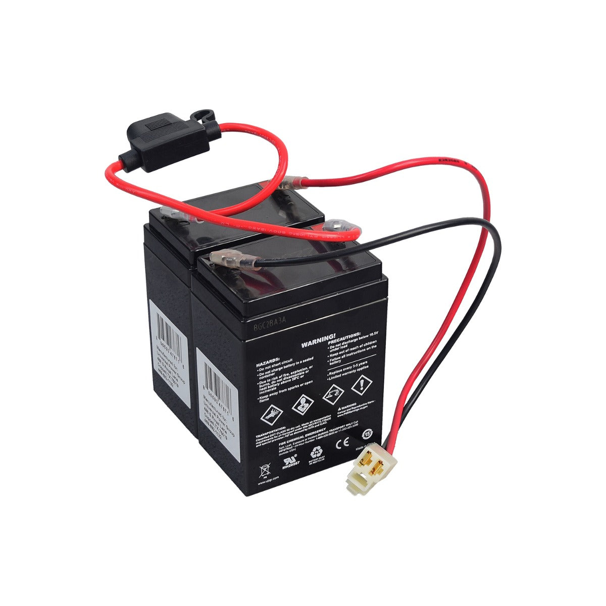 24 Volt 2.3 Ah Battery Pack with 30 Amp Fuse & Wiring for Razor Crazy Cart Shift (Versions 1+) & Crazy Cart Shift Lightshow, featuring connected red and black wires, and a visible barcode and plug.