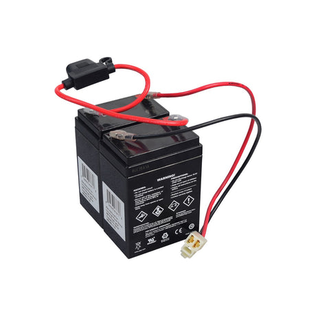 24 Volt 2.3 Ah Battery Pack with 30 Amp Fuse & Wiring for Razor Crazy Cart Shift (Versions 1+) & Crazy Cart Shift Lightshow, featuring connected red and black wires, and a visible barcode and plug.