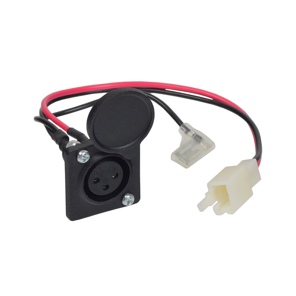 Charger Port with 3 Wires for the Razor Crazy Cart XL (Versions 1+), featuring a black and red electrical plug with attached wires and a black plastic round cover.