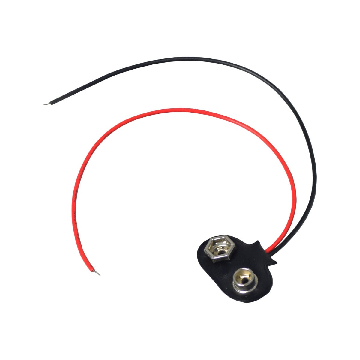 Clip Connector Saddle Harness for 9 Volt Batteries featuring a black plastic piece with attached black and red wires, designed for powering accessories like lights and horns for bikes and scooters.