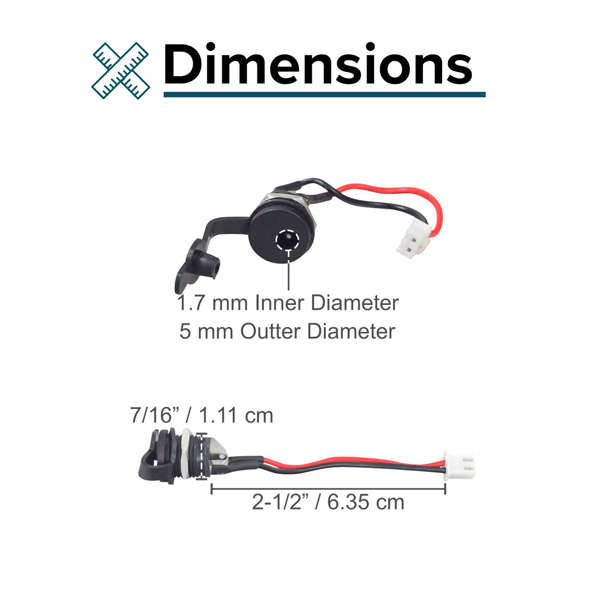 Coaxial Charger Port for RazorX Electric Skateboards and the Razor Drift Rider, featuring a 2-pin wire harness, a weather-proof rubber cover, and a unique 1.7 mm coaxial connector.