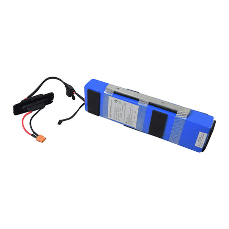 36 Volt 7.8 Ah Lithium-ion Battery Pack for the Swagtron EB5 Folding Electric Bike, featuring a blue and silver rectangular battery with attached black and red wires, highlighting its advanced lightweight design.