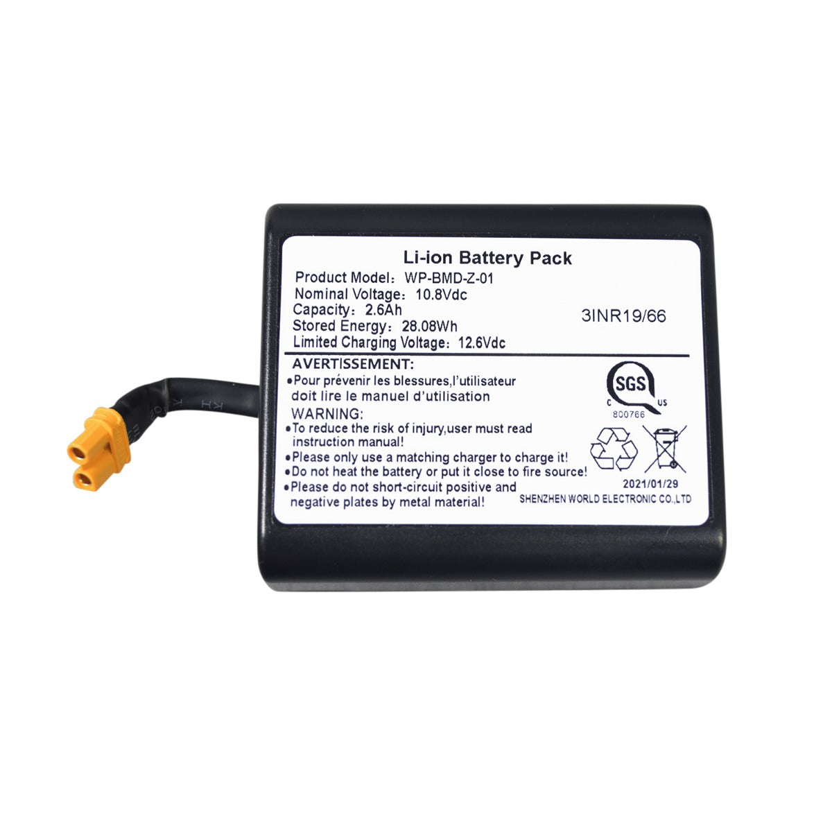 10.8 Volt 2.6 Ah Lithium Battery for Razor Electric Party Pop & Electric Tekno Scooters, featuring a compact battery pack with an attached wire, detailed label, and visible yellow and black cable.