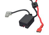 Battery Harness for 12 Volt Kid Trax Ride-On Toys, featuring a black and red electrical device with wires, slide-on F2 connectors, and a blue grid connector.