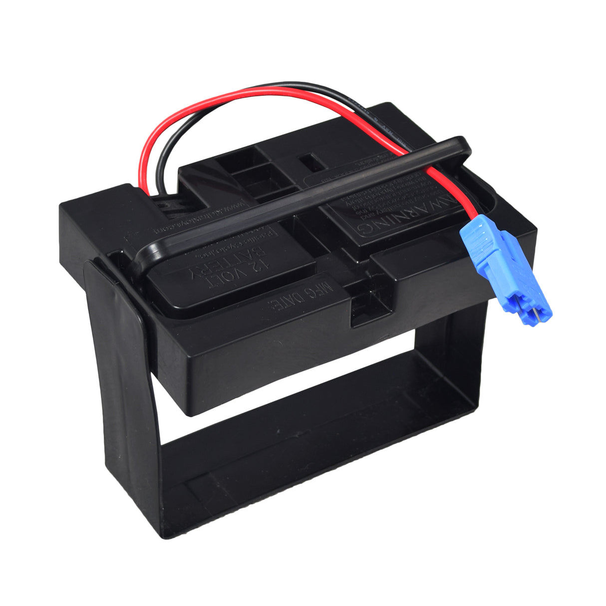 12 Volt 10 Ah Battery with 2-Wire Harness & 1 Blue Grid Connector for Kid Trax Ride-On Toys, featuring red and blue wires, close-up of the blue plug, and the black battery casing.