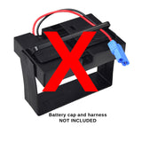 12 Volt 12 Ah Battery for Kid Trax Ride-On Toys featuring a sealed lead acid design with a removable plastic cap and handle, shown with a red 'X' indicating specific parts.