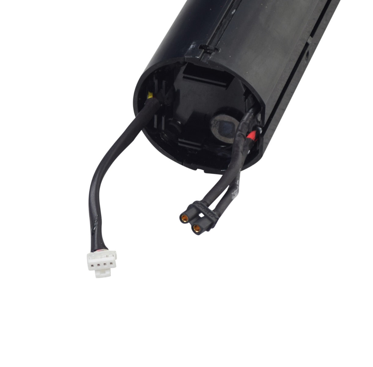 36V Lithium Battery Pack for the Ninebot ES1/ES1L Electric Scooter, a black cylindrical unit with attached wiring harness, including white 4-wire and black 2-wire connectors, shown close-up.