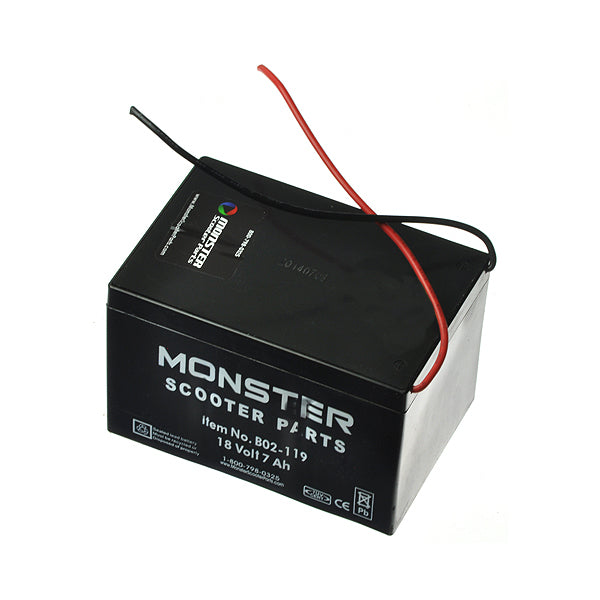 18 Volt Battery for Minimoto Sport Racer (Blemished) - A black rectangular battery with attached red and black wires, lacks white plastic connectors.