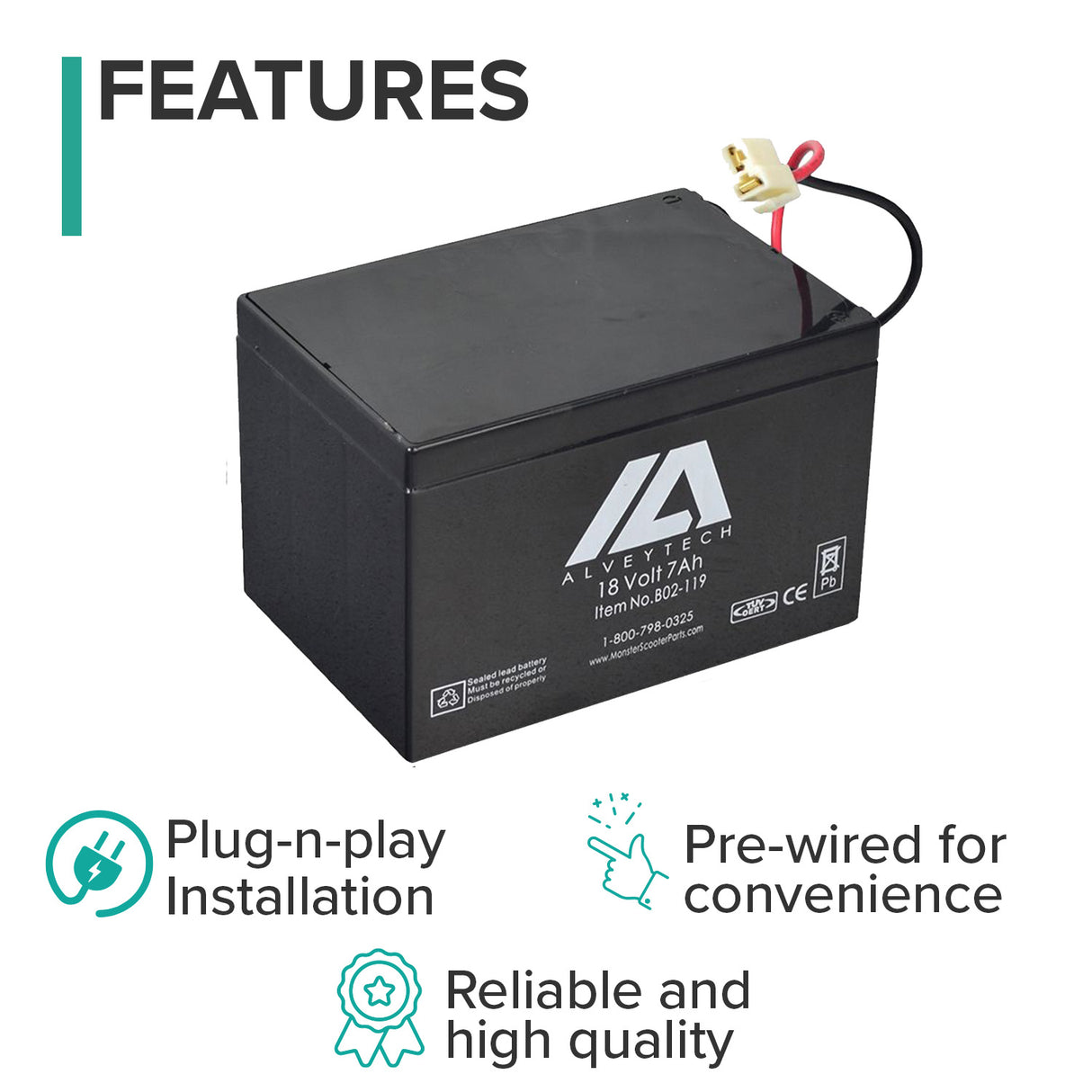 18 Volt Battery for Minimoto Sport Racer (Blemished) showing a black rectangular battery with red and white wires, lacking white plastic connectors.