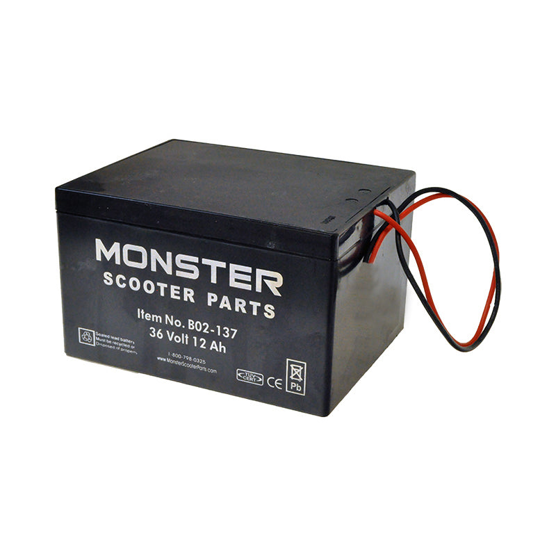 36 Volt Battery for Minimoto ATV, Go Kart, Jeep Dune Buggy, Maxii, & Motocross XRF500 (Blemished) featuring black rectangular body, red and black wires, and missing plastic wire connector.