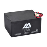 36 Volt Battery for Minimoto ATV, Go Kart, Jeep Dune Buggy, Maxii, & Motocross XRF500 featuring a black box with white text, red and black wires, and a close-up of its cable and logo.