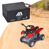 36 Volt Battery for Minimoto ATV, Go Kart, Jeep Dune Buggy, Maxii, & Motocross XRF500 shown with red and black wires, close-up of a wheel, and dirt road background.