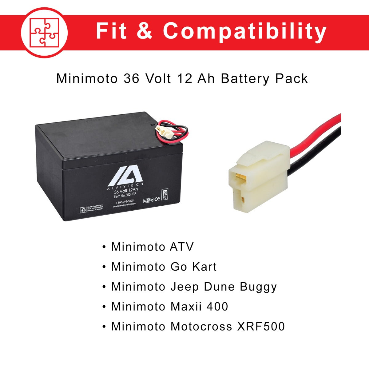 36 Volt Battery for Minimoto ATV, Go Kart, Jeep Dune Buggy, Maxii, & Motocross XRF500 featuring a black box with red and black wires, white connectors, and plug for direct replacement.