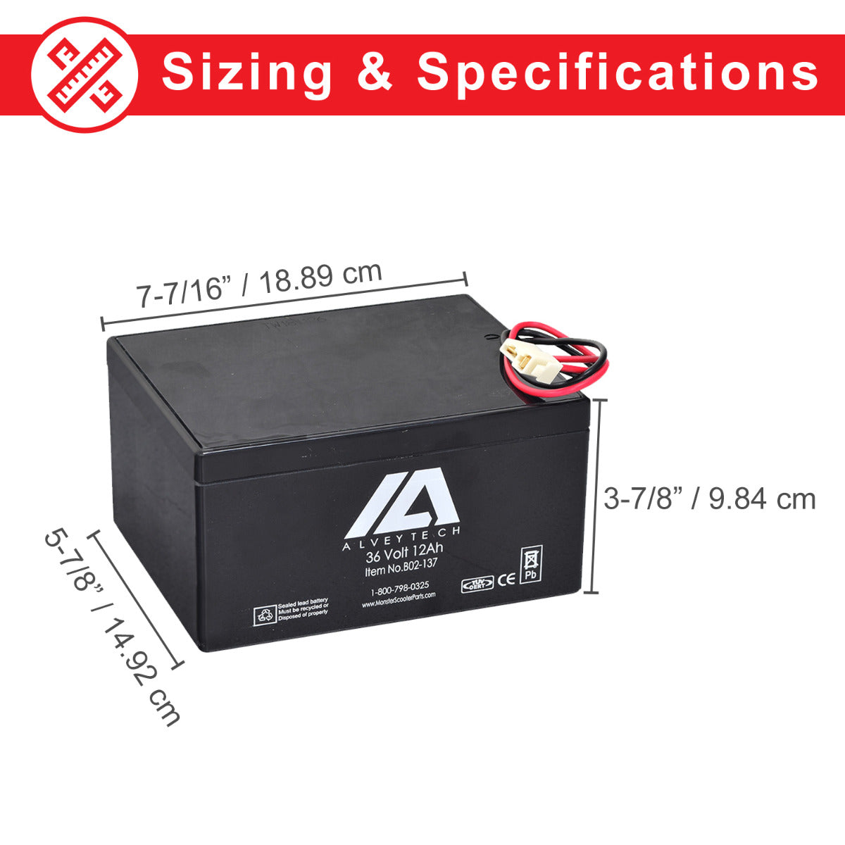 36 Volt Battery for Minimoto ATV, Go Kart, Jeep Dune Buggy, Maxii, & Motocross XRF500 showing a black rectangular box with white text, red and black wires, and a visible brand logo.