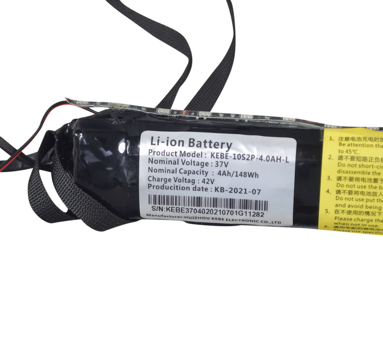 37 Volt Lithium Battery Pack for the Hover-1 Eagle Electric Scooter with a strap, two cables, a white label, barcode, and LED lights strip.