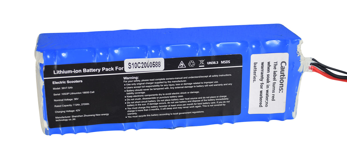 36 Volt Lithium Battery Pack for the Megawheels S10 Electric Scooter, featuring a compact blue and black design with white text on the label, highlighting its lightweight and high-output power capabilities.