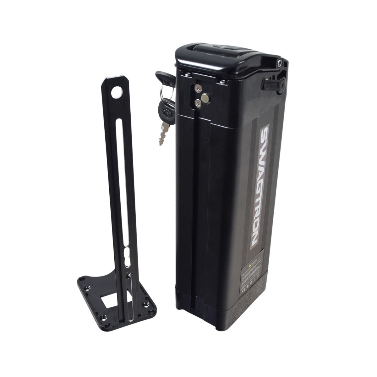 36 Volt Lithium Battery Pack with Mount for the Swagtron EB6 Bandit Fat Tire Electric Bike, featuring a black rectangular case, metal bracket, power switch, XLR charger port, and two locking keys.