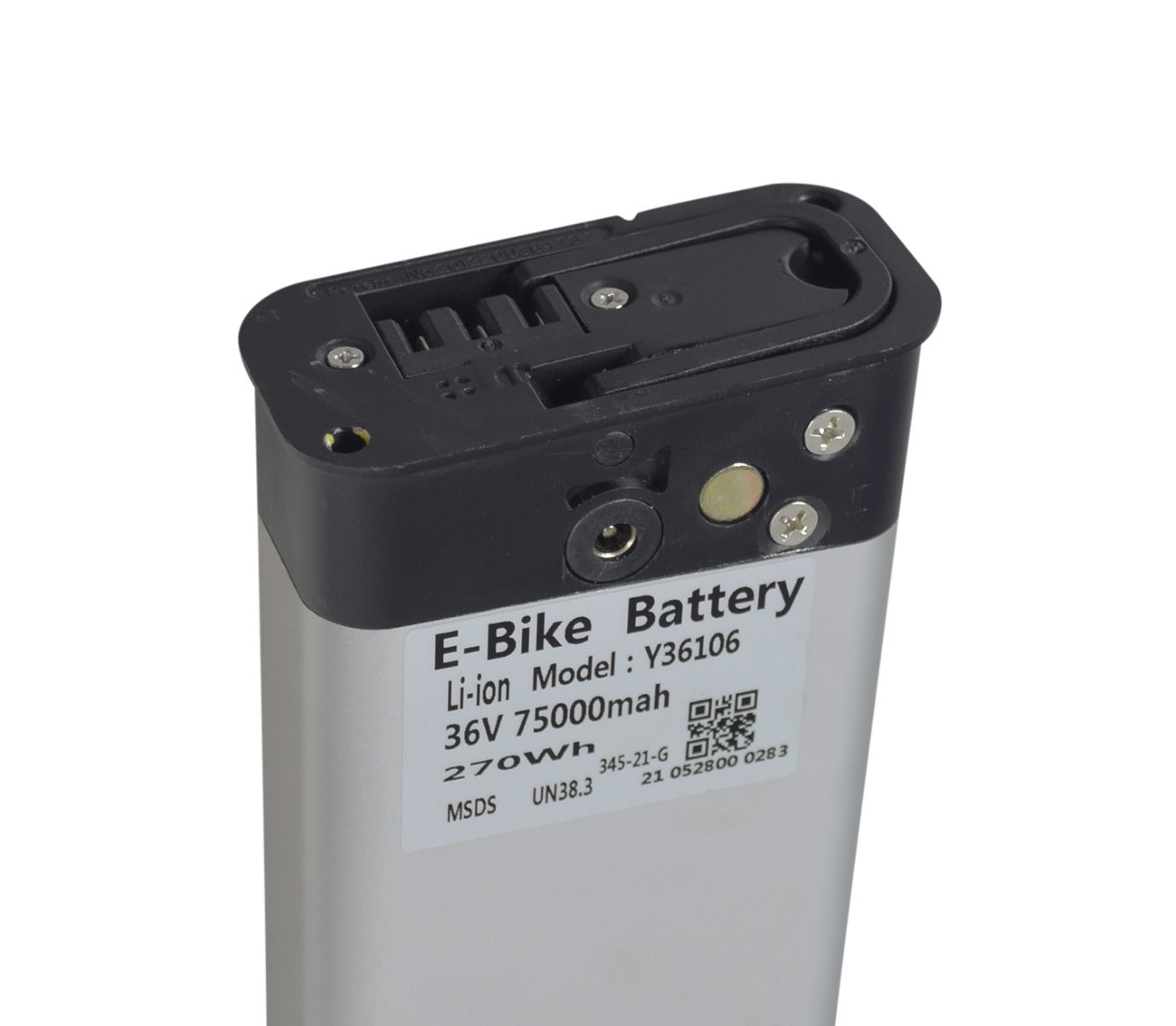 Close-up of the 36 Volt Battery Pack for the GOTRAX EBE1 Folding Super Sport Bike 16, showing the battery label, QR code, and locking screw mechanism.