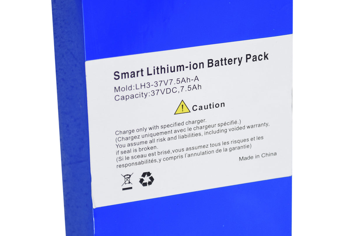 36 Volt Lithium-ion Battery Pack for the Swagtron Swagger 5 Elite Folding Electric Scooter, featuring a blue rectangular design with a white label, safety warning triangle, and recycle symbol.