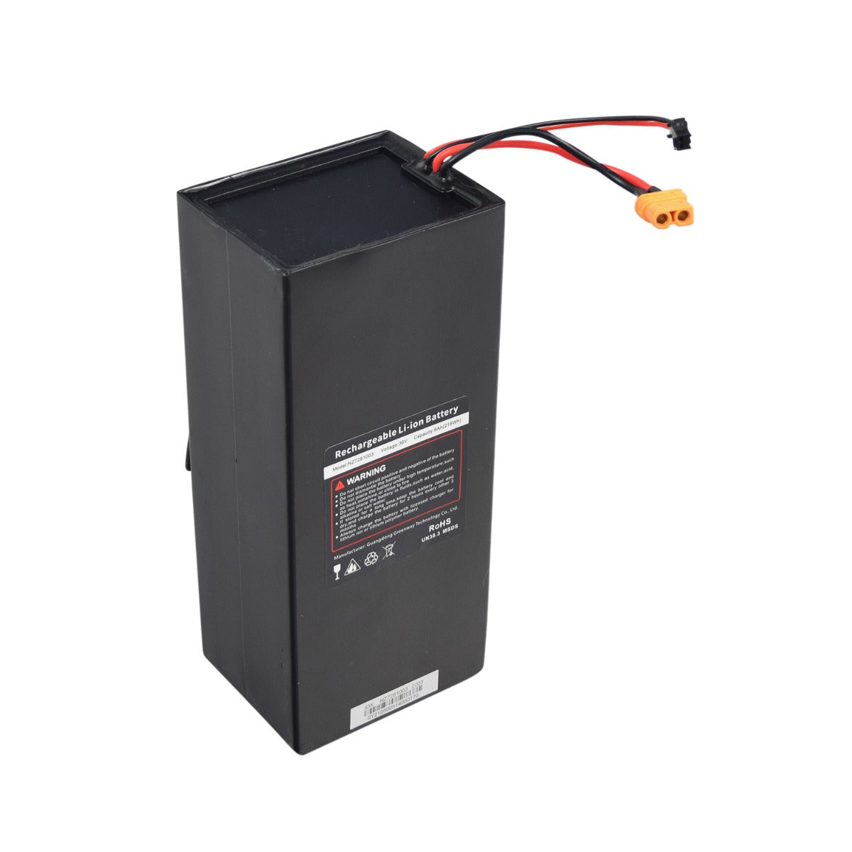 36 Volt 6Ah Lithium Battery Pack for the Jetson® LX10 Folding Electric Bicycle, featuring a black rectangular battery with red and black wires, close-up of cables, and a label for easy installation.