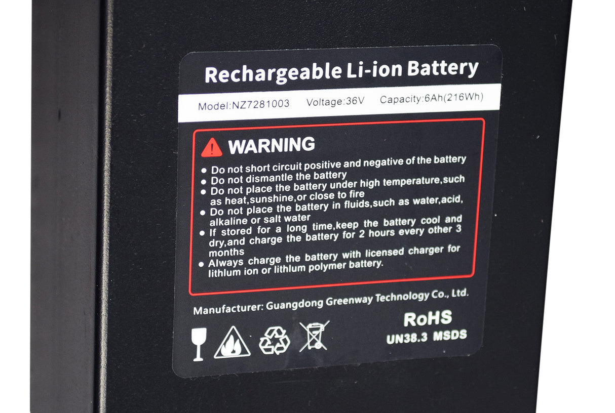 36 Volt 6Ah Lithium Battery Pack for the Jetson® LX10 Folding Electric Bicycle, featuring a warning label with a red triangle and exclamation mark, and a white recycle symbol on a black background.