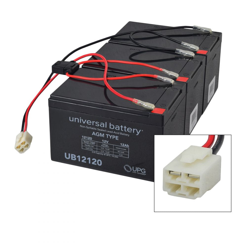 12 Ah 36 Volt Razor MX500 & MX650 Battery Pack with red and black wires, featuring a wire harness and plug, for electric scooters, backed by a 1-year replacement warranty.