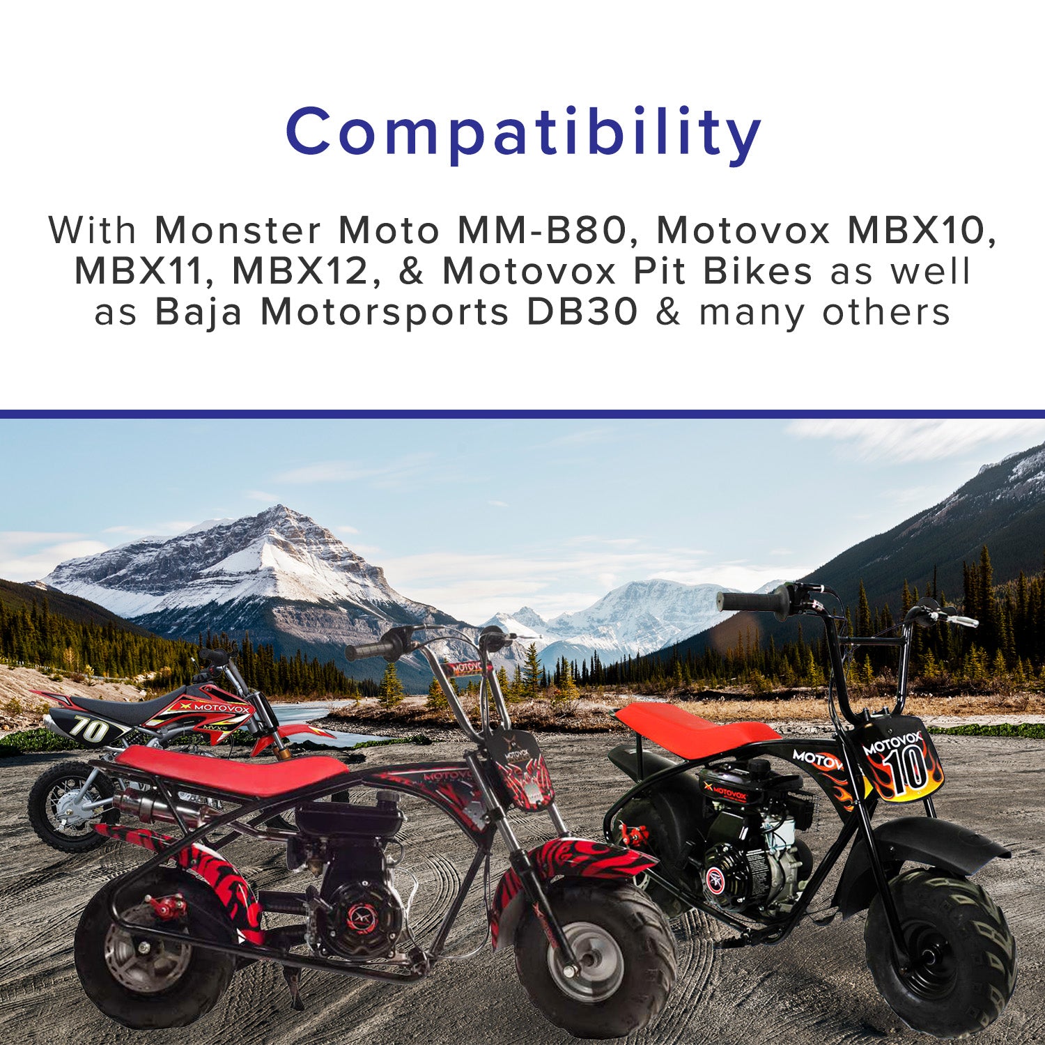 Right Throttle Control Grip for Motovox Pit Bikes and MBX10, MBX11, & MBX12 Mini Bikes displayed on a parked motorcycle on a dirt road with visible wheels and handlebars.