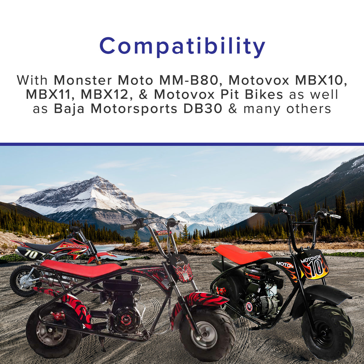 Right Throttle Control Grip for Motovox Pit Bikes and MBX10, MBX11, & MBX12 Mini Bikes displayed on a parked motorcycle on a dirt road with visible wheels and handlebars.