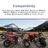 Right Throttle Control Grip for Motovox Pit Bikes and MBX10, MBX11, & MBX12 Mini Bikes displayed on a parked motorcycle on a dirt road with visible wheels and handlebars.