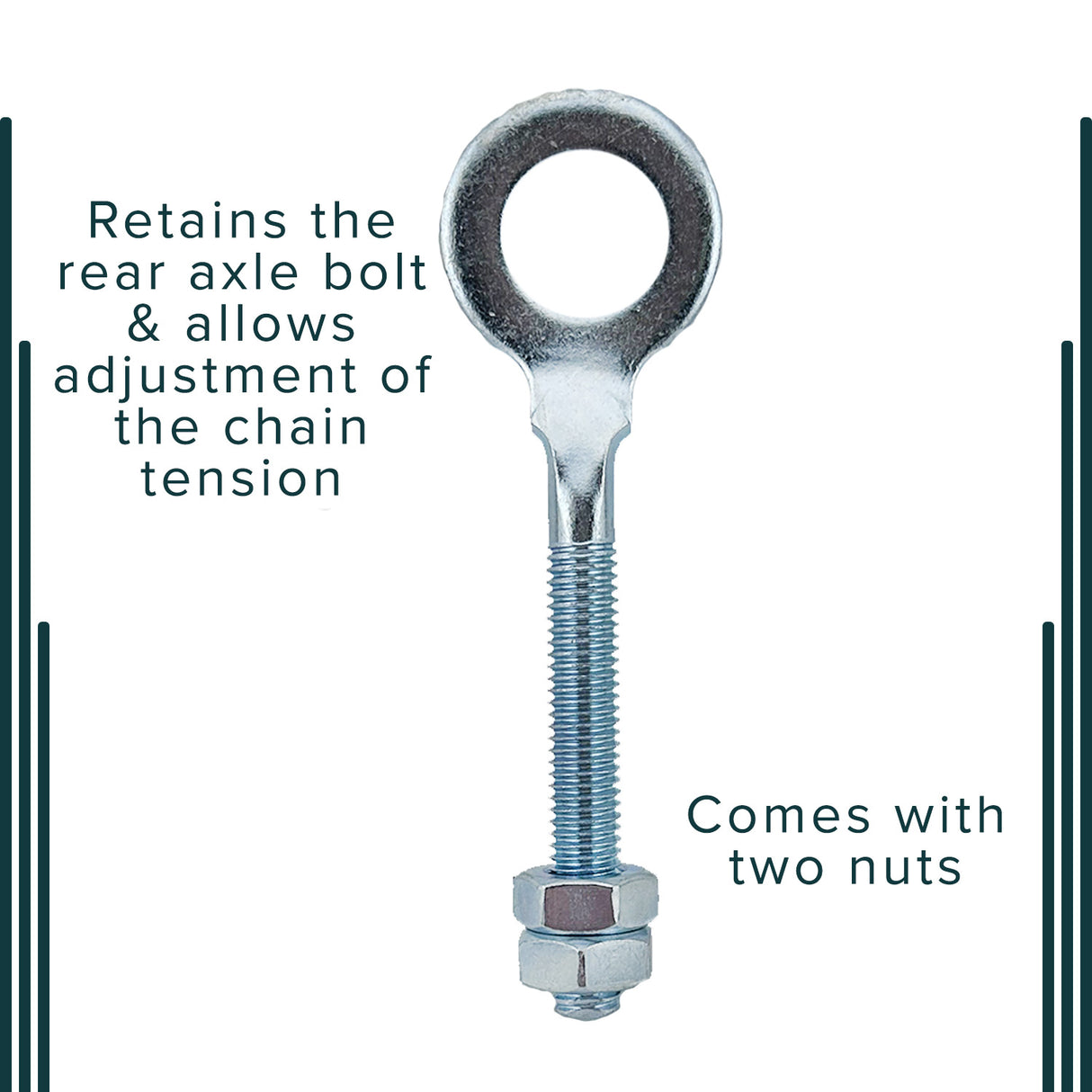 Rear Axle Adjusting Assembly for the Coleman BT200X, CT200U Trail, and CT200U-EX Mini Bikes; close-up of the metal nut and bolt set for adjusting chain tension.