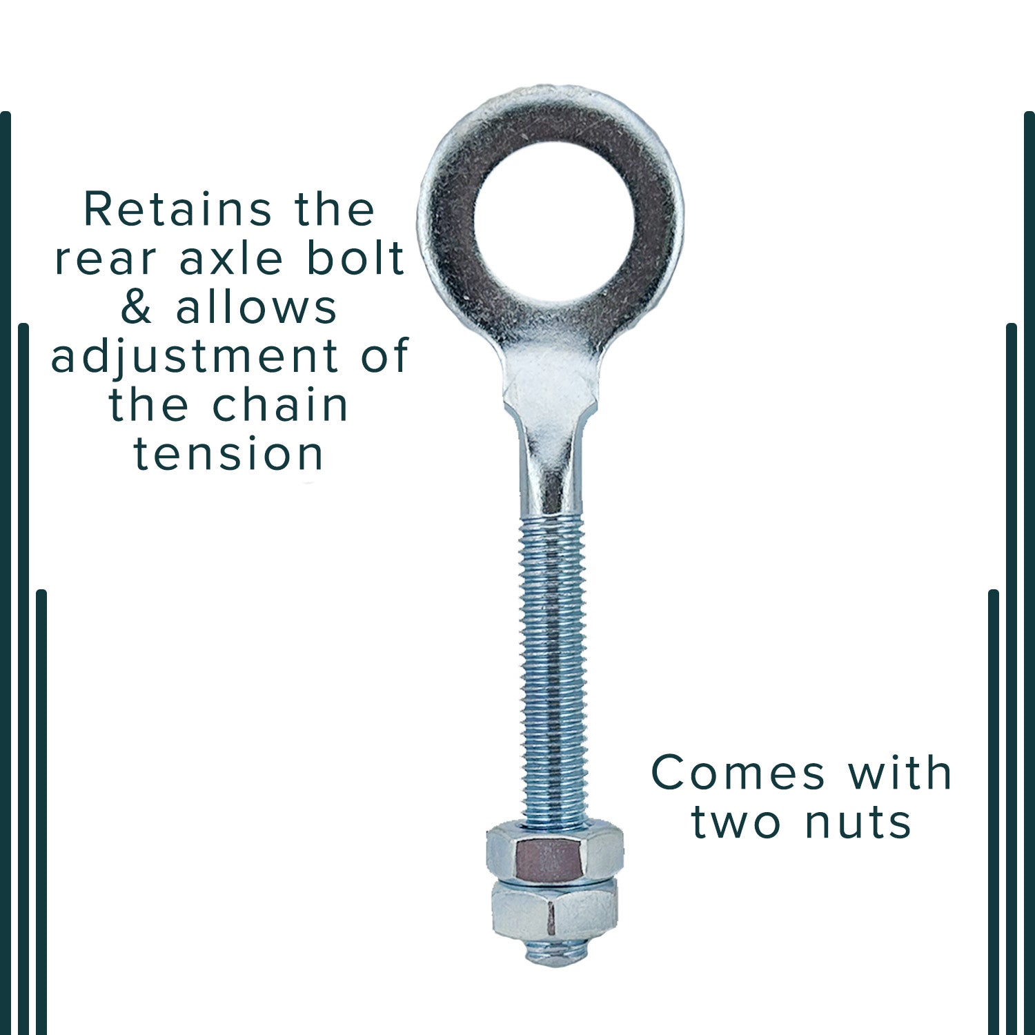 Close-up view of the Rear Axle Adjusting Assembly for the Baja Mini Bike MB200, featuring a nut, bolt, and washer components essential for chain tension adjustment.