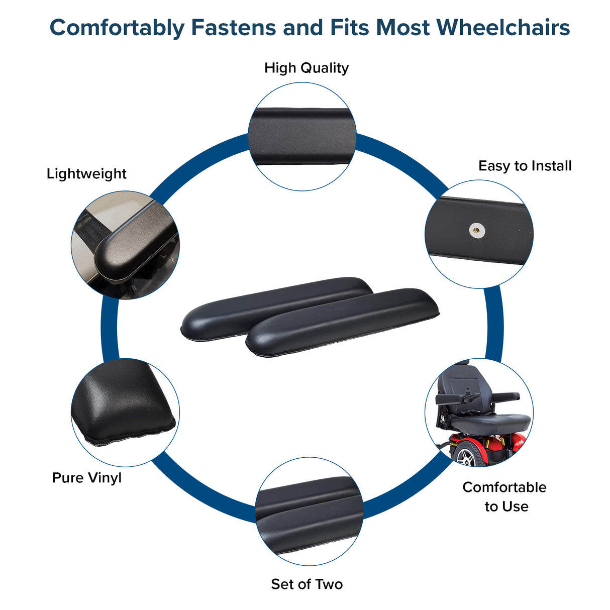 Black Vinyl Co-Molded Full Length Armrest Pad for Jazzy Power Chairs & Pride Mobility Scooters, shown in a set of two with enhanced cushioning and slightly thicker design, measuring 14 long.