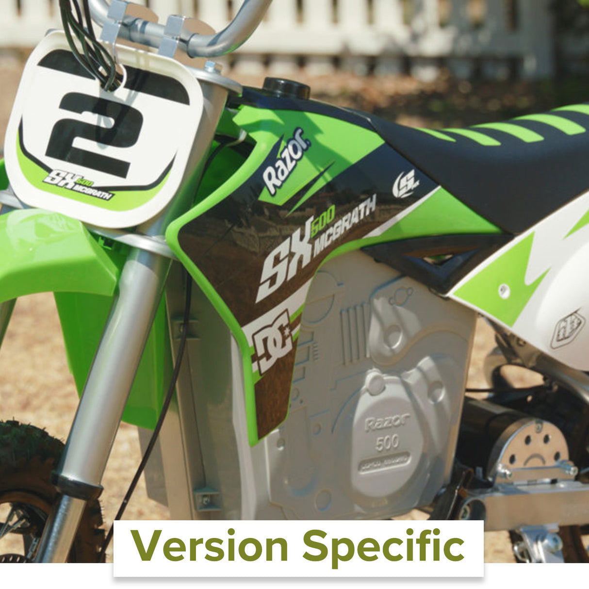 HB3650-TYD6-FS Control Module with 6-Wire Throttle Connector for the Razor SX500 (Versions 1+), shown next to a green and white dirt bike.