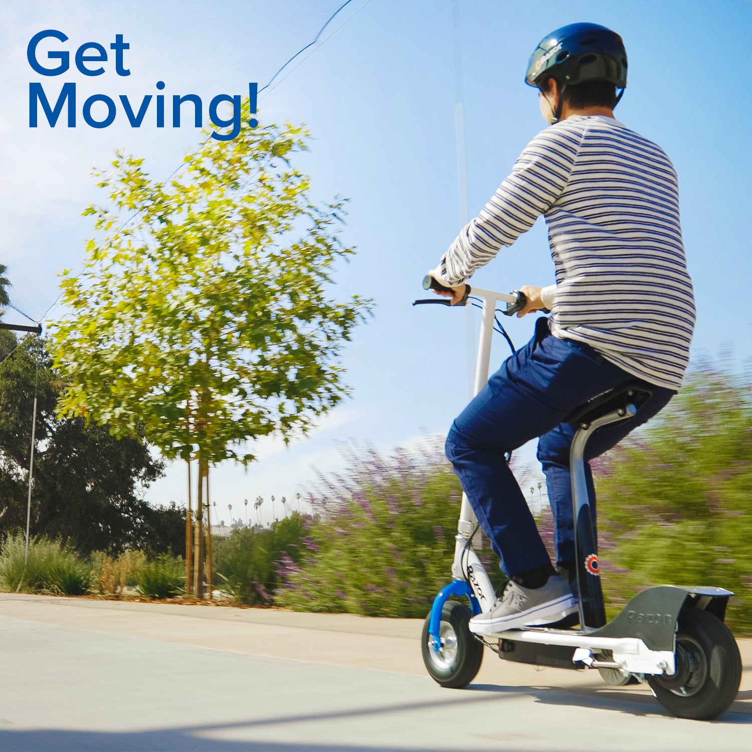 ZK2430D-FS Control Module with 4-Wire Throttle Connector for the Razor E300 (Versions 20+), shown on a scooter being ridden by a helmeted person on a tree-lined street.